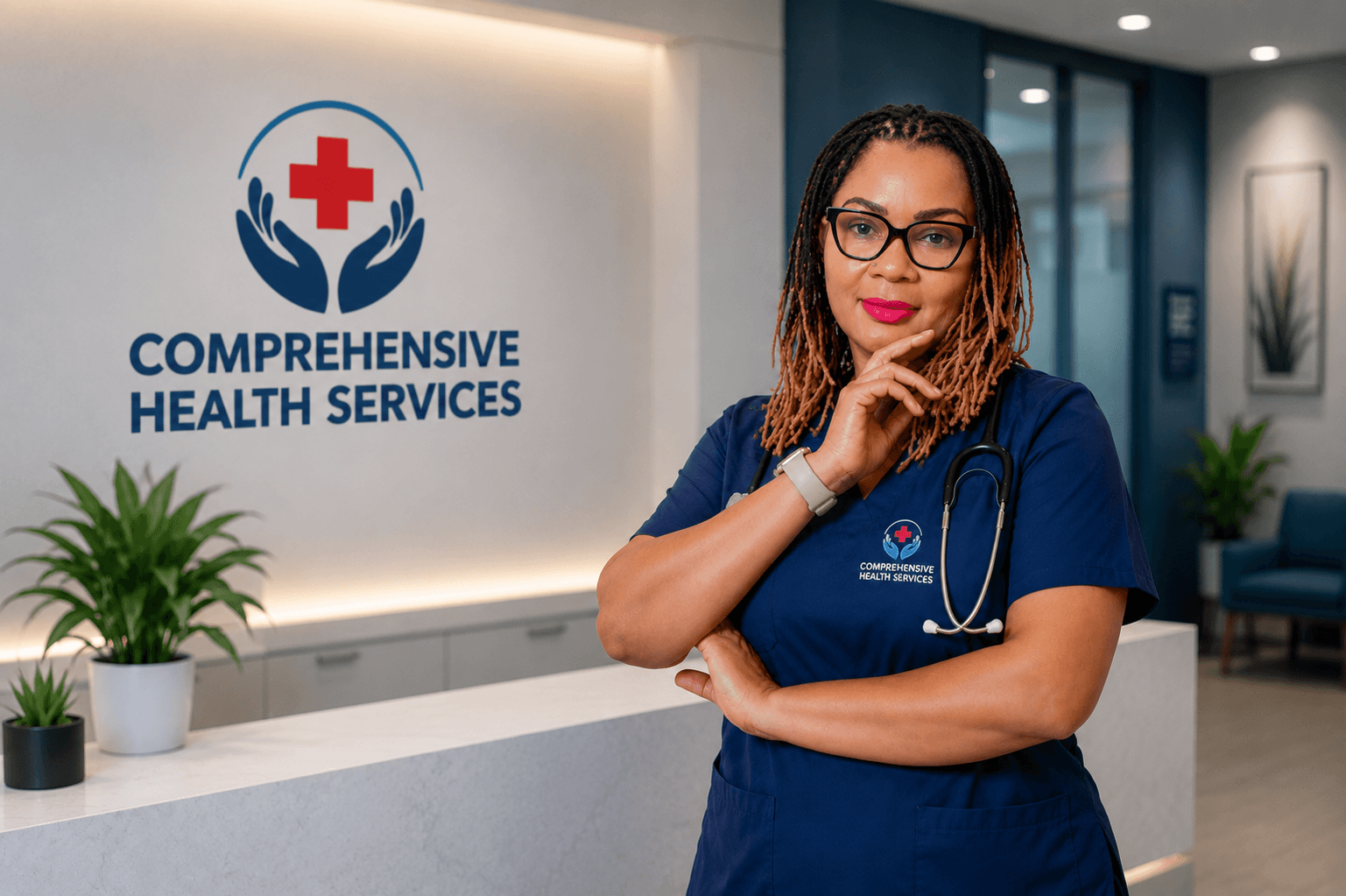 Comprehensive Health Services clinician in the clinic reception area