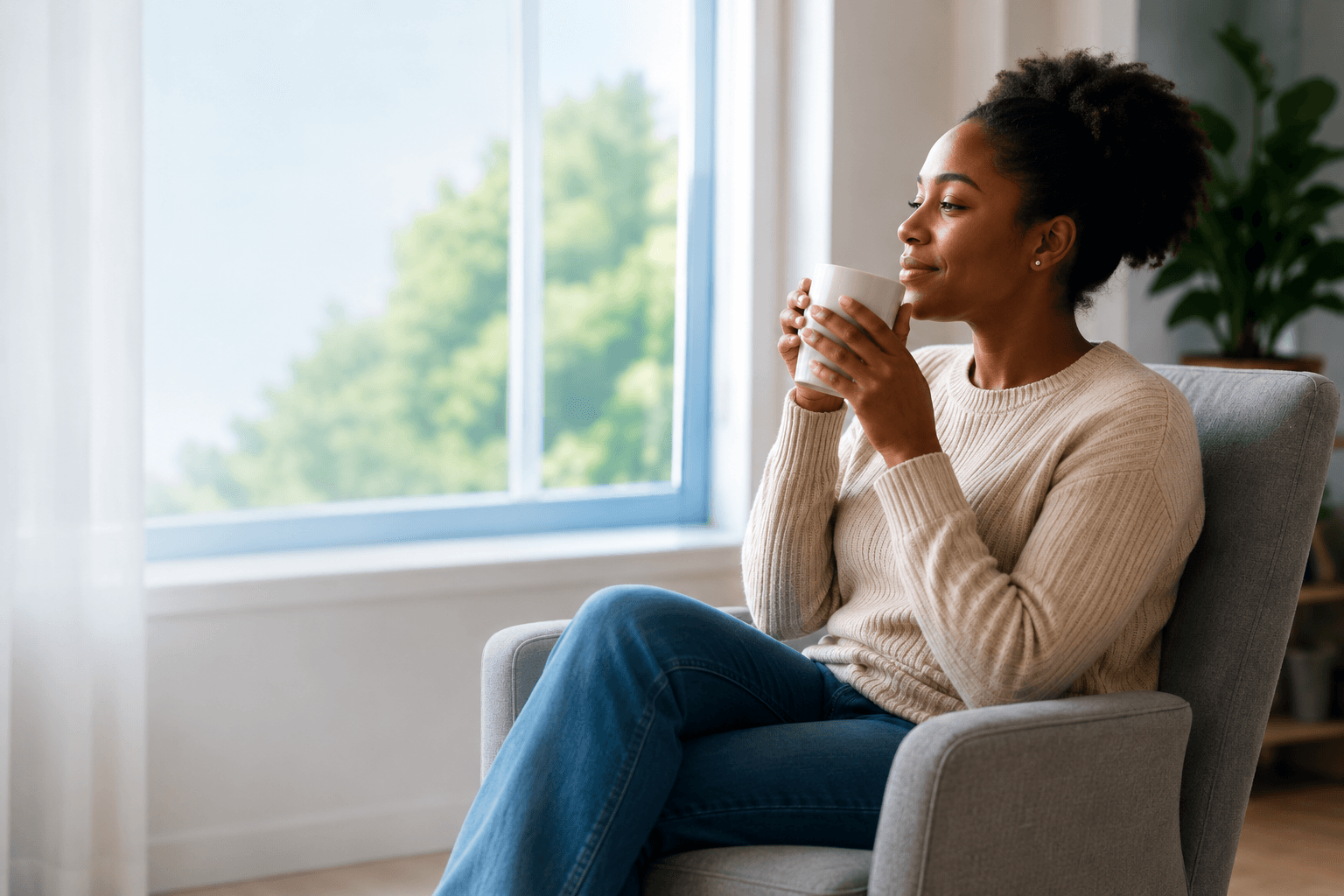 A quiet wellness moment beside a bright window