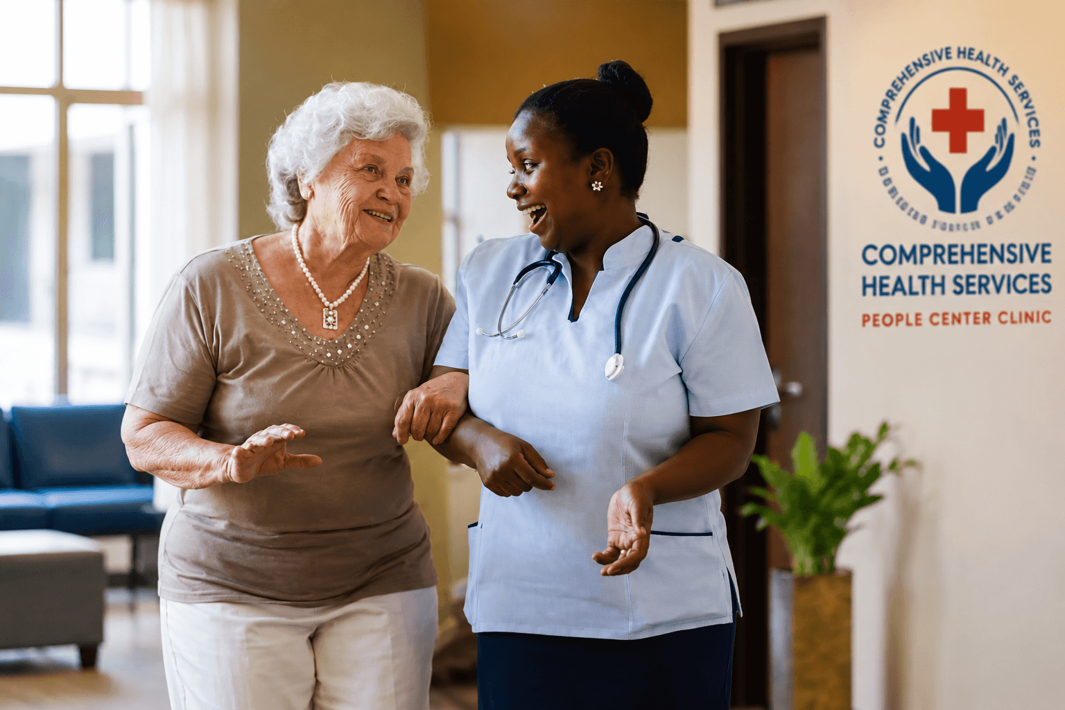 Clinician supporting an older adult patient in a clinic